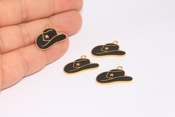 12x23mm 24k Shiny Gold Cowboy Charms, Cowboy Hat Charms, Black