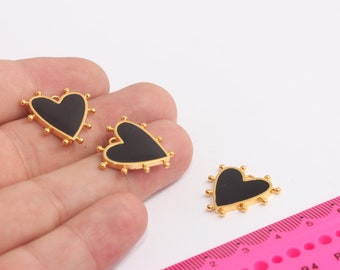 21mm 24k Shiny Gold Heart Charms, Love Necklace, Black Enamel Heart Medallion, Heart Pendant, Gold Findings, MBGMLS851