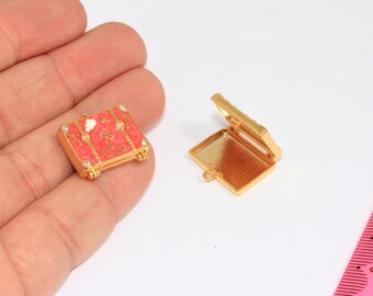 23mm 24k Shiny Gold CZ Suitcase Charm, Coral Enamel Travel Bag, World Traveler Gift, MBGMGN89-2