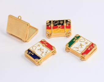 24k Shiny Gold CZ Travel Bag Charms, Enamel Travel Bag Beads, CZ Suitcase Charms, German, Italy, France Flag Necklace Pendant, MBGXP497