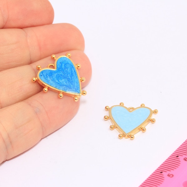 21mm 24k Shiny Gold Heart Charms, Love Necklace, Blue Enamel Heart Medallion, Heart Pendant, Gold Plated Findings, MBGCMR136