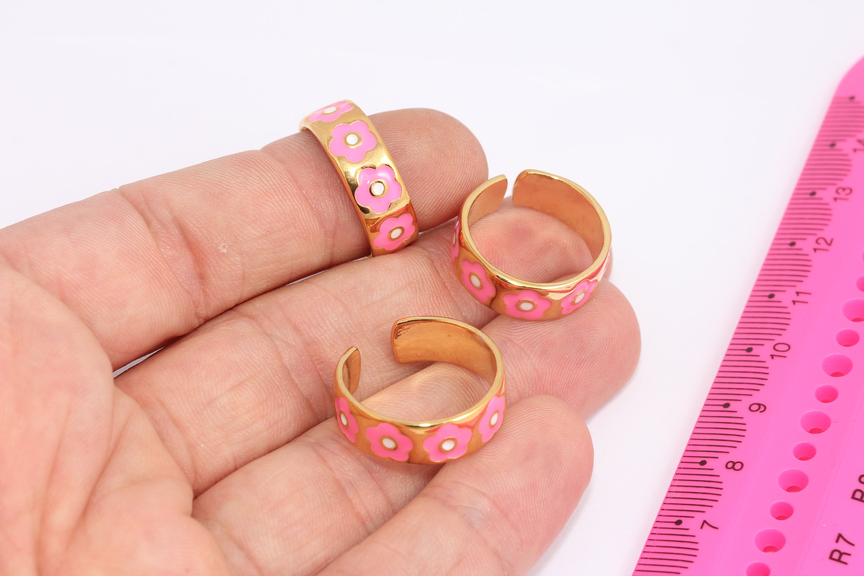 17-18mm 24k Shiny Gold Flower Rings, Pink Enamel Flower Rings ...