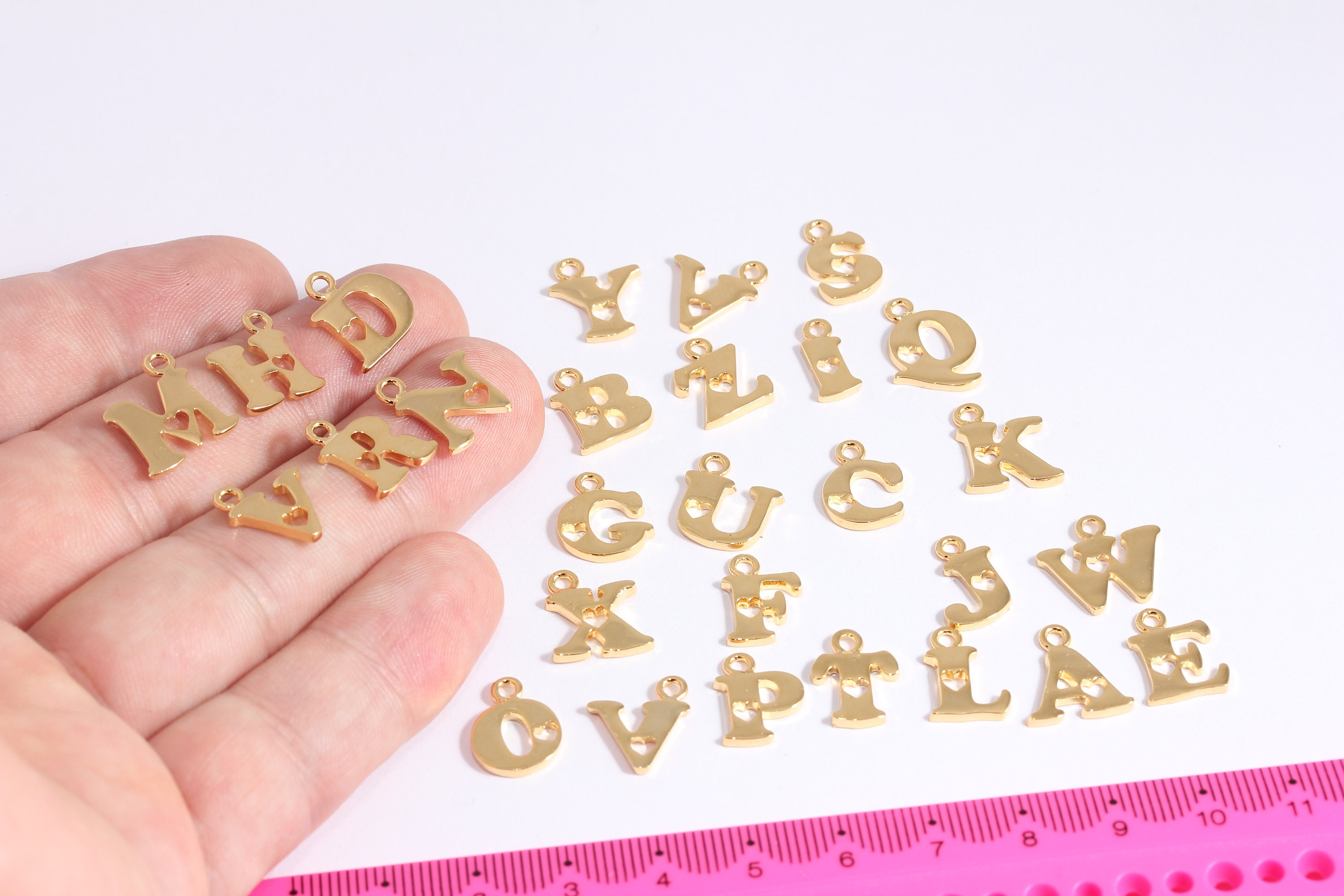 12x14mm 24k Shiny Gold Letter, Heart Letter Charms, Pendant Letter ...