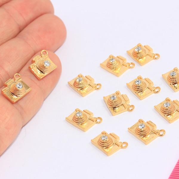 10x11mm 24k Shiny Gold Foto Kamera Anhänger, Micro Pave Charms, Zirkonia Foto Kamera, Fotografie Liebhaber Halskette, MBGCHK109-7