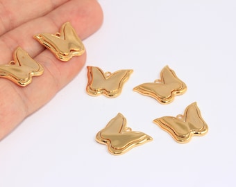 16x19mm 24k Encantos de mariposa de oro brillante, Colgante de medallón de mariposa, Encantos de pulsera, Cuentas de mariposa, Hallazgos chapados en oro, MBGBXB406-7