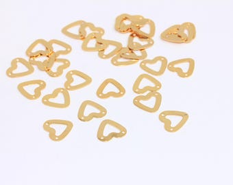 Dijes de corazón de oro brillante de 24 k de 10 mm, conectores, colgantes de corazón, dijes de corazón, dije de corazón con contorno, accesorios chapados en oro, MBGBRT475
