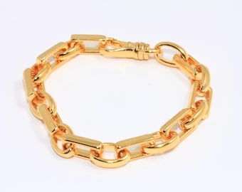 Bracciale a maglie ovali con catena in oro lucido 24k, bracciale rettangolare, braccialetti vistosi, braccialetti di dimensioni opzionali, componenti placcati in oro, MBGBRT490-6