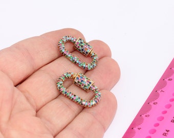 17x24mm 24k Shiny Gold Oval Screw Clasps, Micro Pave Opening Clasp Charms, CZ Mixed Stone Necklace Clasp, Godl Plated Findings, MBGFNL202
