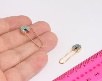 10x32mm 24k Shiny Gold Safety Pin Earrings, CZ Micro Pave Pin Earrings, Statement Earrings, Safety Pin Pull Through Drop Earrings, MBGMLS578
