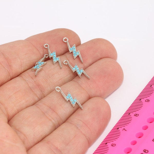 5x16mm Rhodium Plated Charms, Micro Pave Lightning Charm, Turquoise Stone Lightning Bolt Necklace Charm, CZ Thunder Pendant,  MBGMLS948