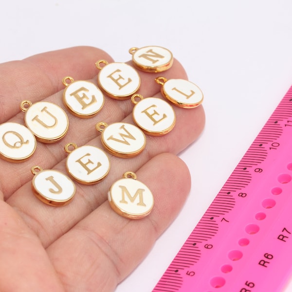 10x12mm 24k Shiny Gold Letter Coins, Alphabet Necklace, Letter Beads, Personalized Necklace, White Enamel Letter Beads, AZ Letter, MBGHRF10