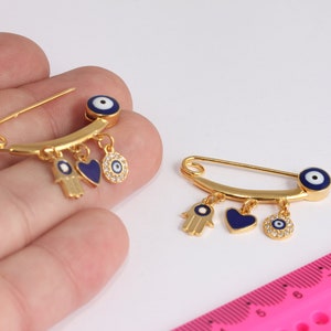 14x35mm 24k Shiny Gold Plated Evil Eye Safety Pin With Loops, Blue Evil Eye Baby Protection, Cute Evil Eye Baby Clothing Pin,  MBGMTE1403-1