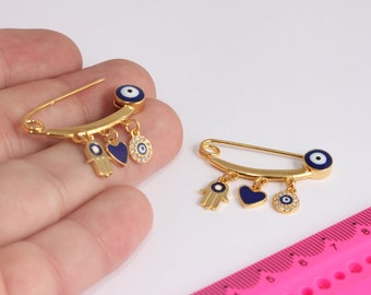 14x35mm 24k Shiny Gold Plated Evil Eye Safety Pin With Loops, Blue Evil Eye Baby Protection, Cute Evil Eye Baby Clothing Pin,  MBGMTE1403-1