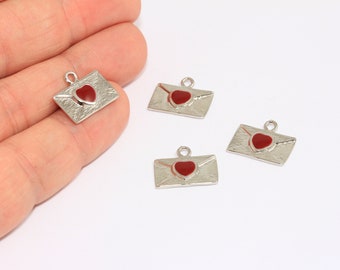 9x16mm Rhodium Plated Envelope Letter Charms, Envelope Pendant, Love Charms, Envelope With Red Heart, Silver Plated Findings, MBGCHK315-1
