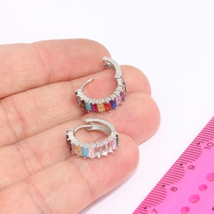 15mm Rhodium Plated Rainbow Pave Earrings, Dainty ,MBGMLS535