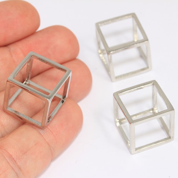 17mm Rhodium Plated Cube Charms, Cube Necklace, Open Cube Pendant, Geometric Charms, 3D Cube Charms, Silver Plated Findings, MBGCR173