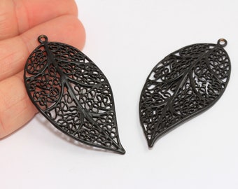 29x57mm Matt Black Painted Leaf Pendant, Black Leaf Charms, Leaf Pendant, Filigree Charms, Vintage Charms, Black Painted Findings, MBGETS82