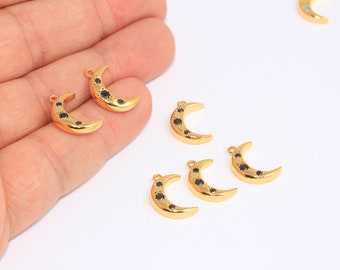 11 x 16 mm Luna in oro lucido 24k, ciondoli a forma di luna con micro pavé, ciondolo a forma di luna con micro pavé di pietra nera, bracciale a forma di luna con zirconi cubici, collana a forma di luna, MBGCHK347-6B