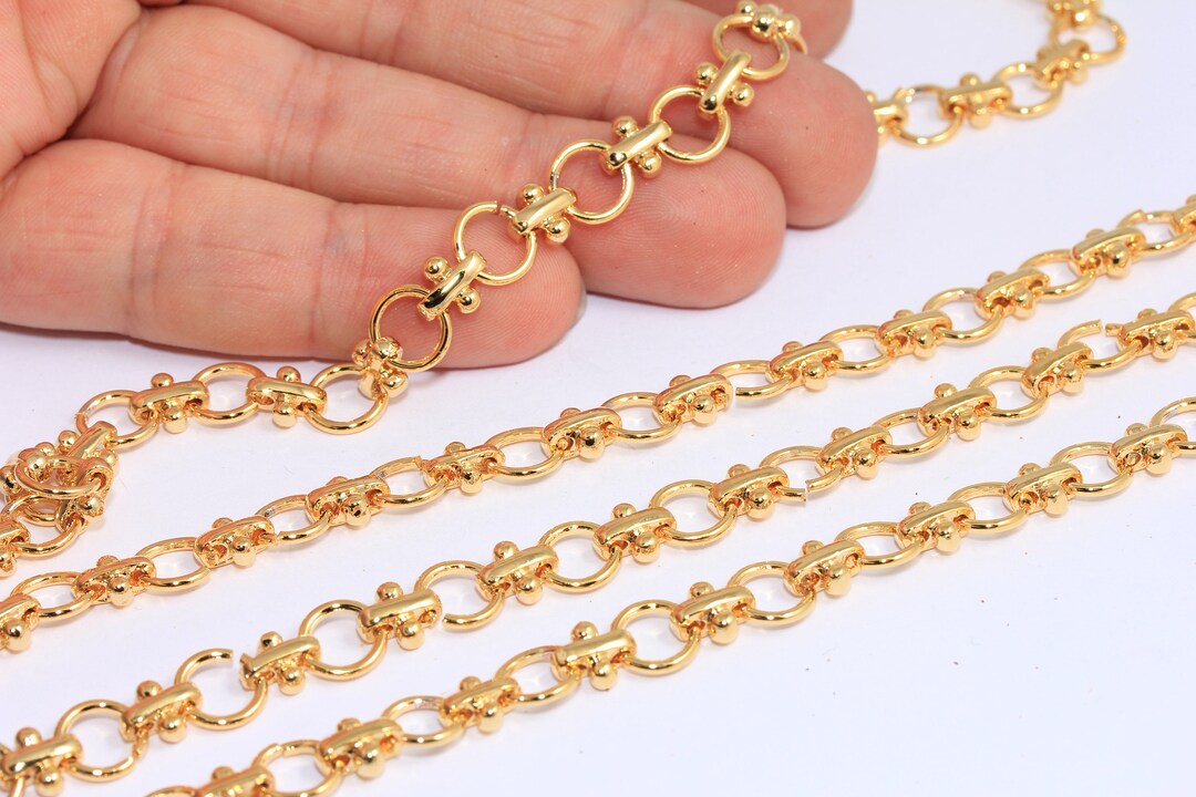 Golden Rings With Chain 8,5mm 24k Shiny Gold Bar Chain, Round Link Chain, Vintage Necklace ...