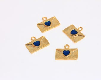 10x17mm 24 Shiny Gold  Envelope Letter Charms, Envelope Pendant, Love Charms, Envelope With Blue Heart, Gold Plated Charms, MBGMLS525