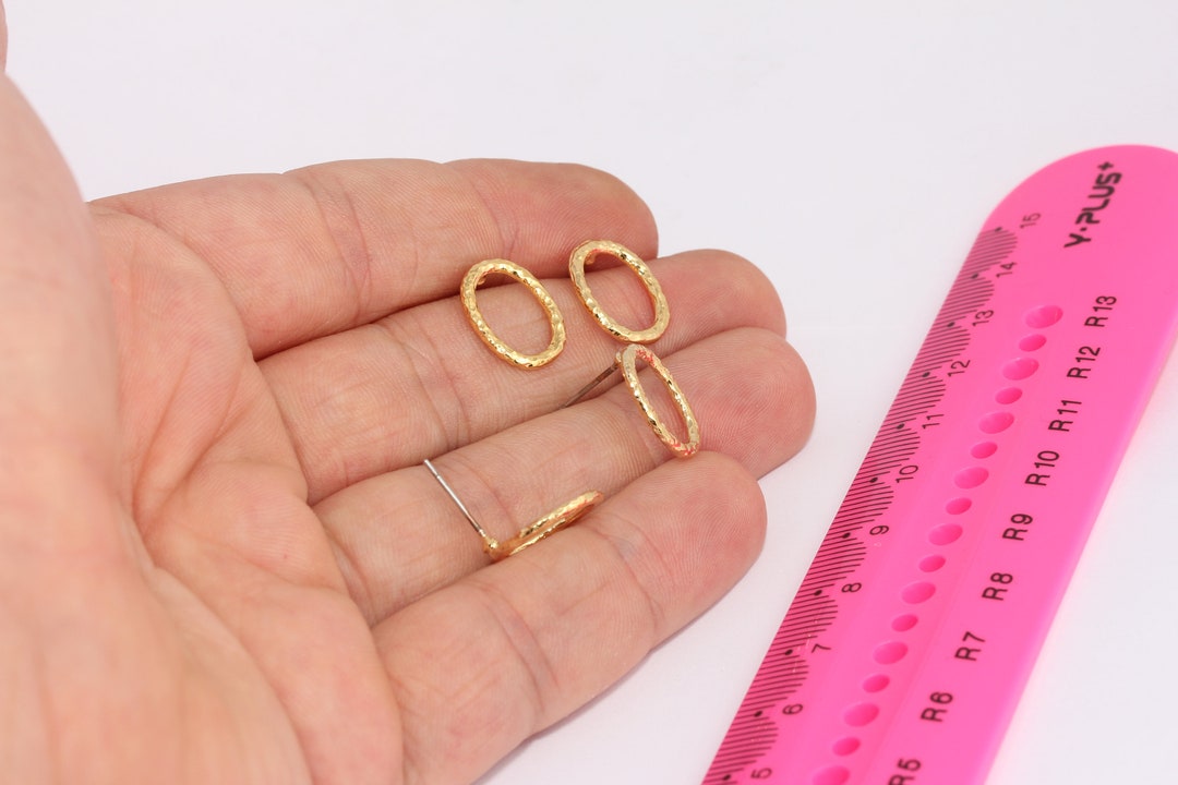 12x14mm 24k Shiny Gold Oval Earrings, Hammered Oval Earring Studs, Gold