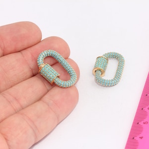 17 x 26 mm 24-karaats glanzende gouden ovale schroefsluitingen, micropave-sluiting bedels, ovaalvormige schroefsluiting, zirkonia kettingsluiting turkoois steen, MBGKDR174