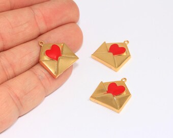 18mm 24 Shiny Gold Envelope Letter Charms, Envelope Pendant, Love Charms, Envelope With Red Enamel Heart, Gold Plated Charms, MBGXP116-3