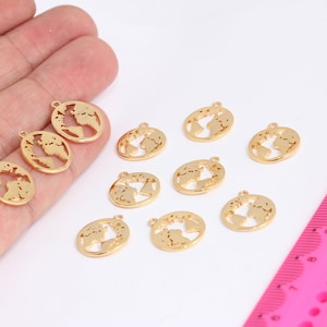 15 x 16 mm 24k glänsande guldpläterat världskartahänge, jordhänge, världskartaberlocker, resenärshänge, guldpläterade berlocker, MBGMTE503