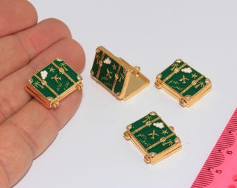 23mm 24k Shiny Gold CZ Suitcase Charm, Green Enamel Travel Bag, World Traveler Gift, MBGMGN89-1