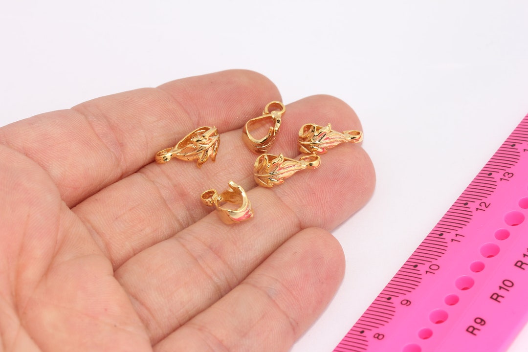 24k Shiny Gold Plated Bail, Pinch Bail, Leaf Pendant Connector, Charm
