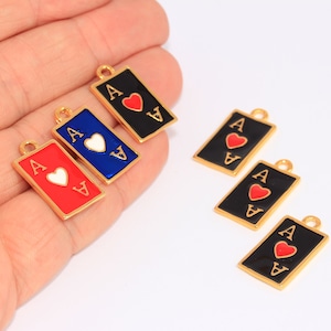 12 x 19 mm 24k Błyszczące Złote Karty Upominkowe Graczy Pokera, Karty do gry As Serca, Emaliowane Serce Pokerowe, Złocone Elementy, MBGCHK