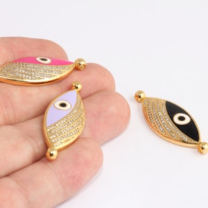15x43mm 24k Shiny Gold CZ Evil Eye, Enamel Evil Eye Charms, Micro Pave Evil Eye Bracelet, CZ Enamel Evil Eye, Gold Plated Findings, MBGSLM46