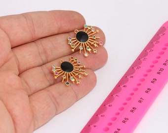 Shiny Gold Charms, Black Enamel Sun Medallion, Micro Pave Sun And Stars Charms, CZ Galaxy Necklace, Gold Plated MBGXP246