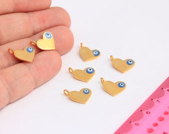 13x15mm 24k Shiny Gold Evil Eye Heart, Love Necklace, Enamel Evil Eye, Necklace Heart Pendant, Gold Plated Findings, MBGROSE474