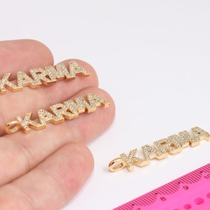 8x44mm 24k Shiny Gold Karma Pendant, Micro Pave Karma Letters Charms, CZ Karma Word Charms, Words Charms, Alphabet Bar Charms, MBGFRB147