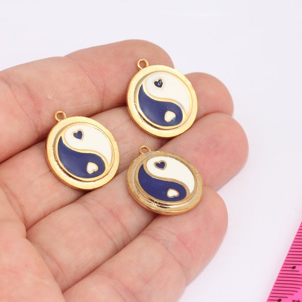 19x22mm 24k Shiny Gold Medallion, Enamel Yin Yang Charms, Yin Yang Medallion, Blue And White Heart Charms, Gold Plated Findings, MBGSLM90