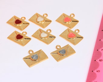 10x17mm 24 Shiny Gold Envelope Letter Charm, Envelope Pendant With Heart, Love Charms, Optional Enamel Color Heart, Gold Plated Charms,