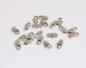 Chiusura a moschettone placcata in rodio da 4 x 10 mm, chiusura a griffe, chiusura a moschettone placcata in argento, chiusure per collane, componenti per gioielli placcati in argento, MBGCLO17