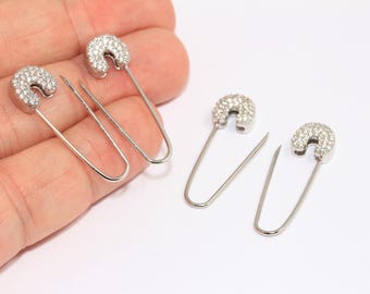 10x32mm Rhodium Plated Safety Pin Earrings, CZ Micro Pave Pin Earrings, CZ White Stone Safety Pin Pull Through Drop Earrings, MBGMLS219