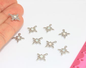 12x14mm Rhodium Plated CZ North Star Charms, Pole Star With Opal Stone, MBGAG86-2