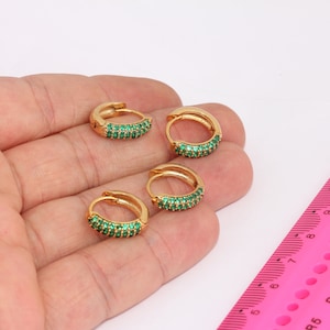 Shiny Gold Hoop Earrings, Huggie Hoops, Dainty Hoops, Micro Pave Green Stone Earrings, Gold Plated Earrings,  MBGXP342