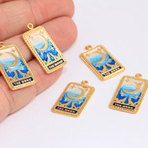 15 x 26 mm 24-karaats glanzend goud tarotkaartbedels, tarot-maankaartbedel, emailkralen, mystieke sieraden, vergulde bevindingen, MBGHRN29-1