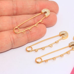 45mm 24k Shiny Gold Safety Pin Earrings, CZ Safety Pin Charm, Micro Pave Safety Pin With Loops, Gold Plated Findings, MBGCHK106-4