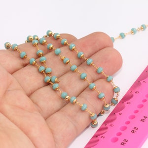 4mm 24k Shiny Gold Crystal Chains, Rosary Style Turquoise Stone Chains, Chain With Stone Beads, Gold Plated Chains,  MBGBXB339