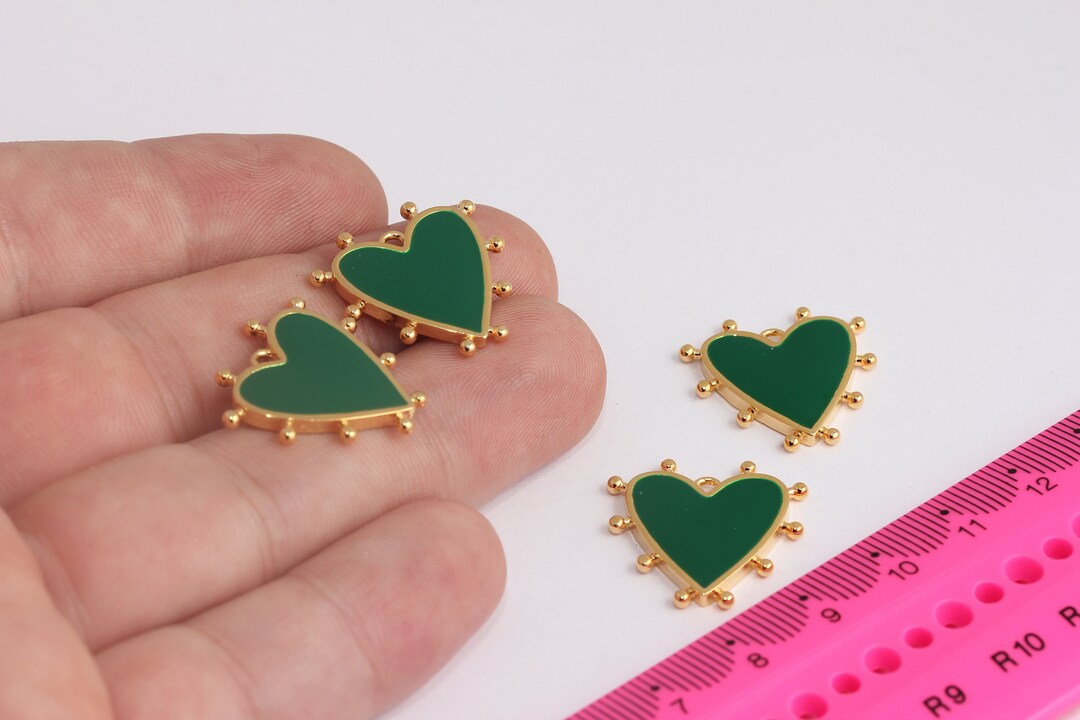 21mm 24k Shiny Gold Heart Charms, Love Necklace, Green Enamel Heart