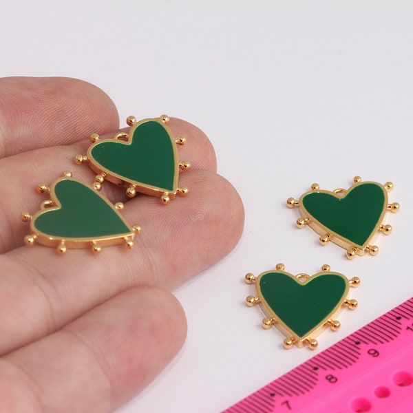 21mm 24k Shiny Gold Heart Charms, Love Necklace, Green Enamel Heart Medallion, Heart Pendant, Gold Findings, MBGMTE778-1