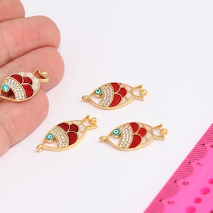 12x26mm 24k Shiny Gold Plated  Fish Charms, Micro Pave White Stone Fish Charms, Enamel Fish Beads, Gold Plated Findings, MBGMTE643