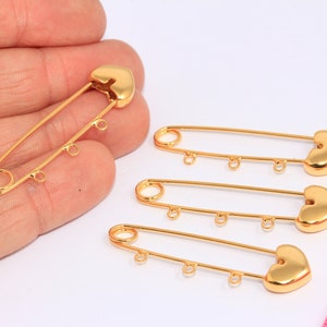 12x50mm 24k Shiny Gold Safety Pin Charm, Heart Shaped Safety Pin Pendant With Loops, Safety Pin Earrings, Connector Charm, MBGEYM3