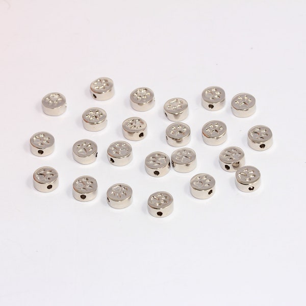 3.5x7mm Rhodium Plated Cat Disc, Paw Coins, Paw Bracelet Charms, Small Bead Paw Charms, Sliding Beads, Silver Plated Findings, MBGCHK363-1