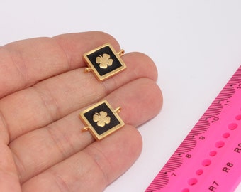 14x20mm 24k Shiny Gold Charms, Black Enamel Clover Charms, Clover Flower Connector, Gold Plated Findings,  MBGSLM970